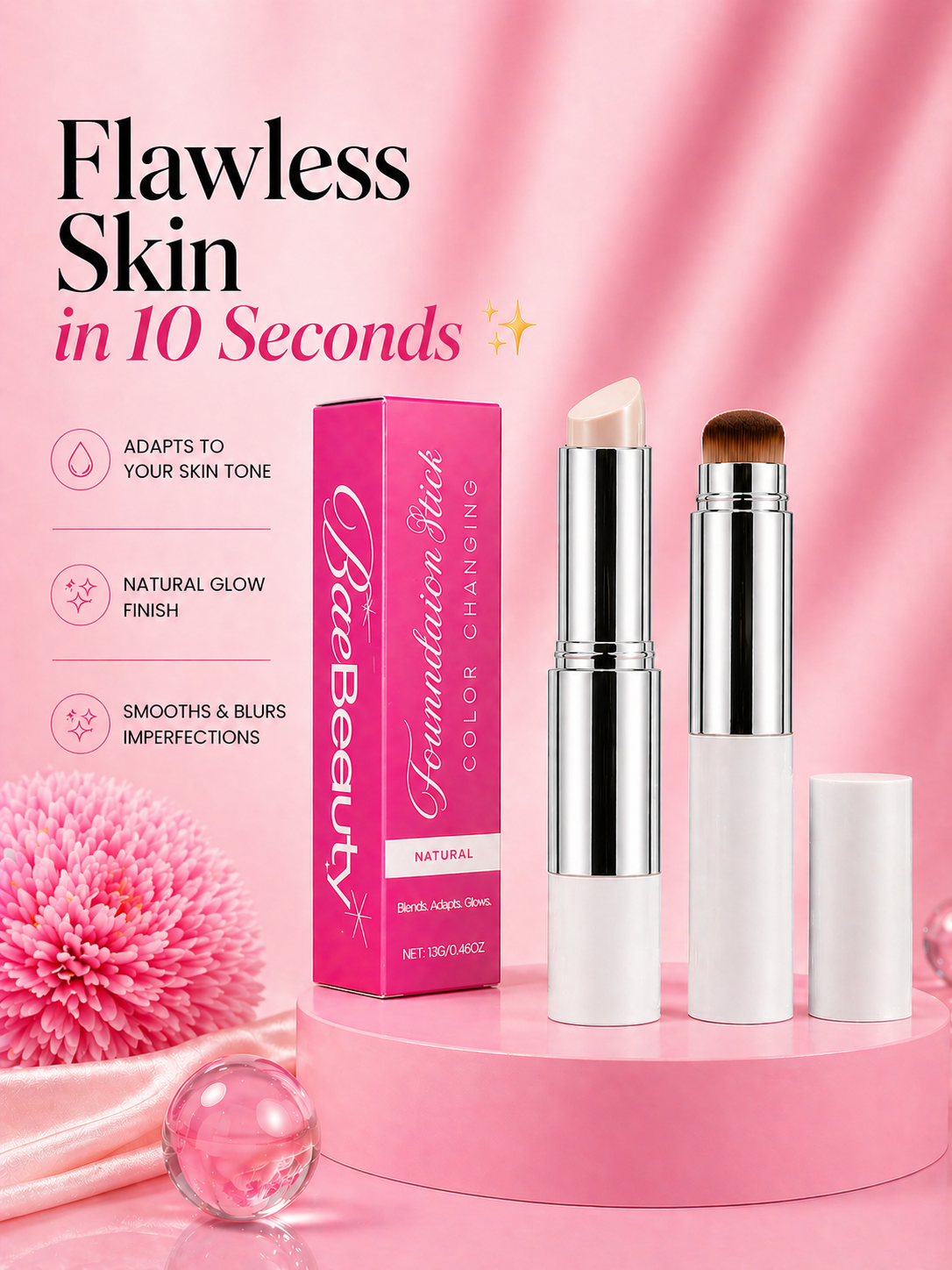 Korean 2‑in‑1 Color‑Changing Foundation Stick with Travel Brush